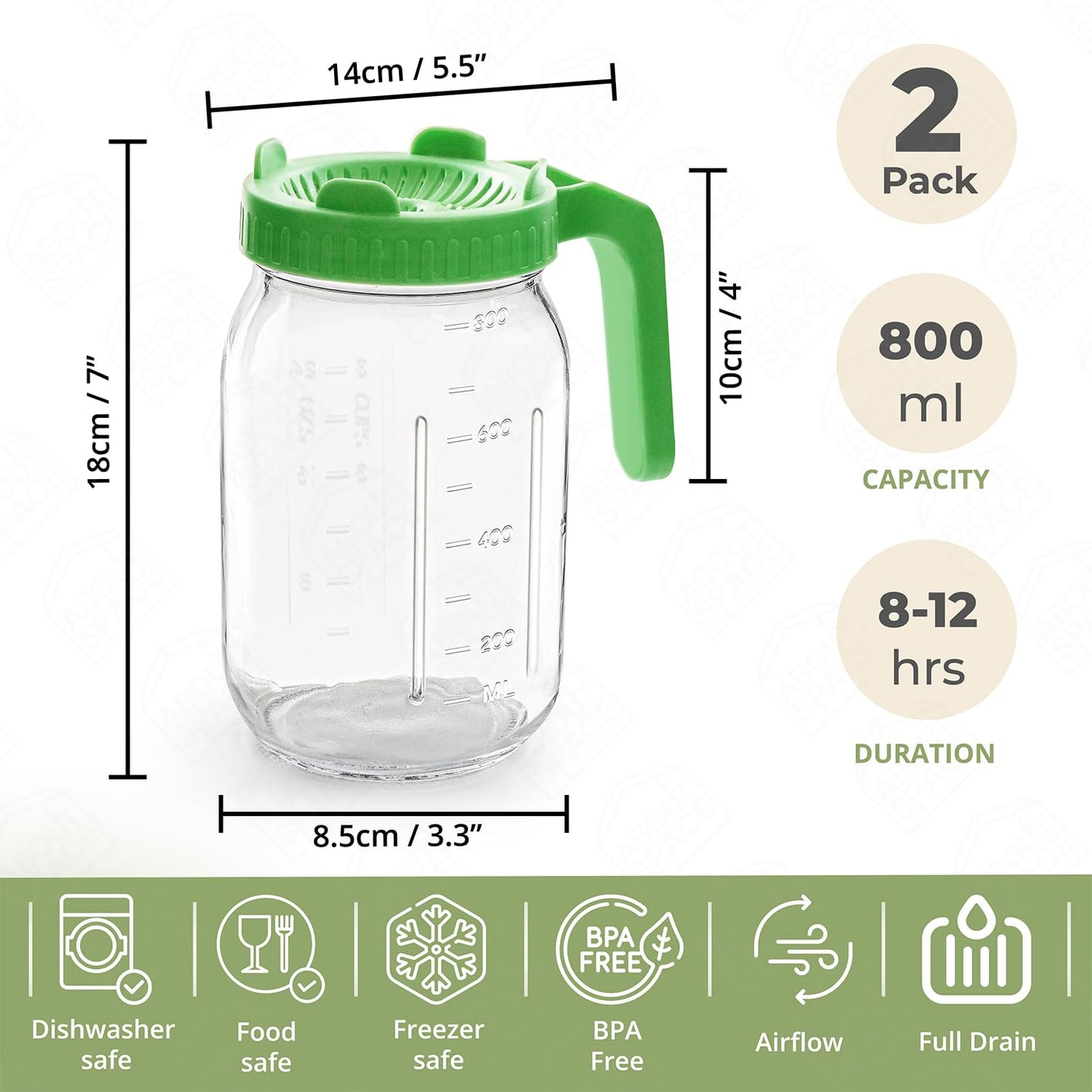 ABOUT SPACE Sprout Maker 2 Pack - 800ml Glass Jar with Air Ventilation Mesh Lid, Drain Holes & Measurement - Sprouts Container for Fresh Hygienic Seeds & Beans - BPA-Free Sprouts Box for Diet- Green
