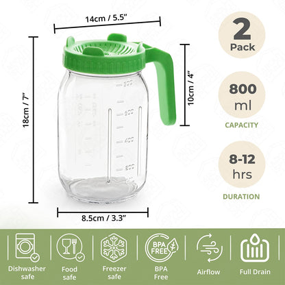 ABOUT SPACE Sprout Maker 2 Pack - 800ml Glass Jar with Air Ventilation Mesh Lid, Drain Holes & Measurement - Sprouts Container for Fresh Hygienic Seeds & Beans - BPA-Free Sprouts Box for Diet- Green