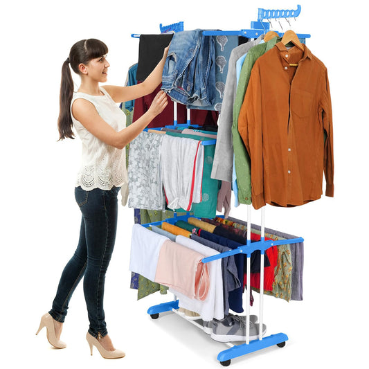 ABOUT SPACE 6 ft Clothes Drying Stand -  3 Layer Foldable Cloth Dryer Stand, Portable with Castor Wheels, 24 Hanger Rods & 2 Wings - Anti Rust Steel Double Pole (Blue - L 75 x B 50 x H 168 cm)