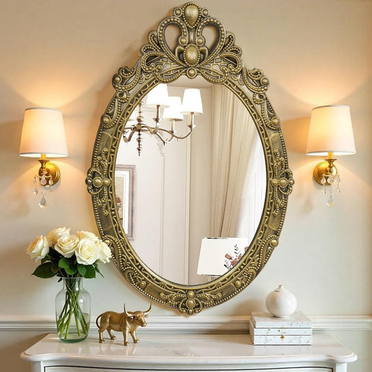 ABOUT SPACE Antique Wall Mirror - MDF Frame Mirror for Bathroom Wall with Ornate Design Oval Shape Vintage Wall Mount Decor for Bathroom, Bedroom, Vanity, Foyer (Black, Gold - H 57.5 x W 39 cm)