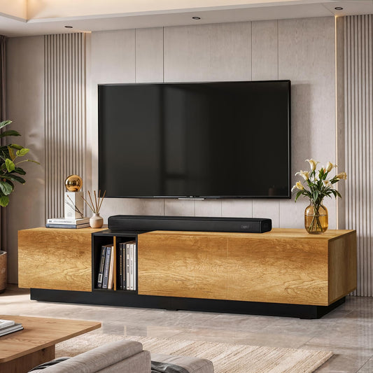ABOUT SPACE TV Unit - Engineered Wooden TV Stand Table Cabinet with Drop Down Doors & Split Open Compartment, Cable Hole for WiFi Router Stand for Living Room (CM Oak& Black-L195 x B40.5 x H43.5 cm)