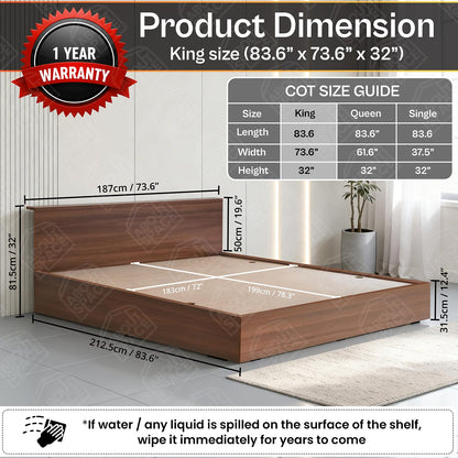 ABOUT SPACE Bed - (84 x 74 inches) King Size Bed with Storage Box, Headboard| Floor Standing Engineered Wooden Bed Frame MDF Base Panel | 1-Year Warranty Cot for Bedroom - Maldau Acacia (Rustic Brown)