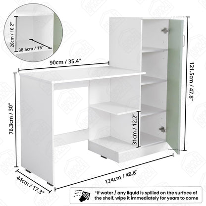 ABOUT SPACE Study Table with Cabinet - Computer Table with Bottom Storage Space DIY Engineered Wood Office Desk with Adjustable Shelves for PC Laptop Gaming (White, Green - L 125 x B 45 x H 121.5cm)