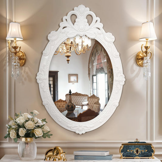 ABOUT SPACE Antique Wall Mirror - MDF Frame Mirror for Bathroom Wall with Ornate Design Oval Shape Vintage Wall Mount Decor for Bathroom, Bedroom, Vanity, Foyer (White - H 57.5 x W 39 cm)