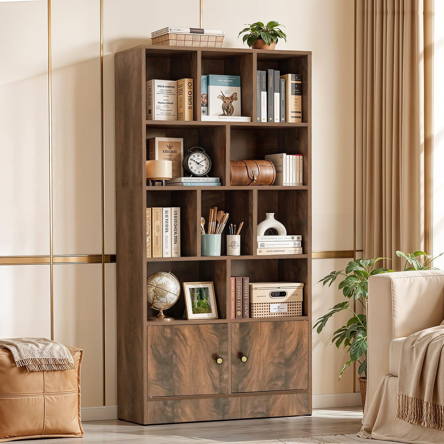 ABOUT SPACE Book Shelf for Home - 10 Shelves with Bottom Closed Compartment, Engineered Wood Book Rack for Study Room, Book Organizer Stand for Library, Living Room(L 80 x B 30.5 x H 181.5cm -Walnut)