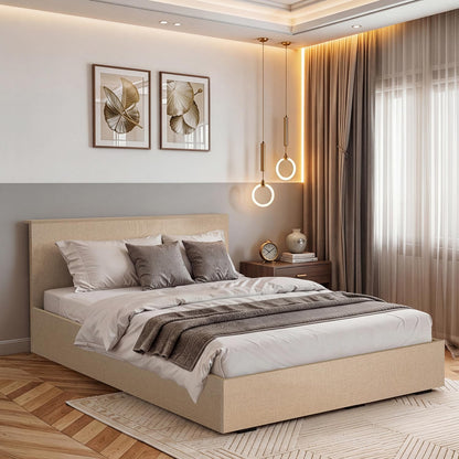 ABOUT SPACE Bed - (84 x 62 inches) Queen Size Bed with Storage Box & Headboard| Floor Standing Engineered Wooden Bed Frame, MDF Base Panel | 1-Year Warranty Cot for Bedroom - Satin Weave (Linen Beige)