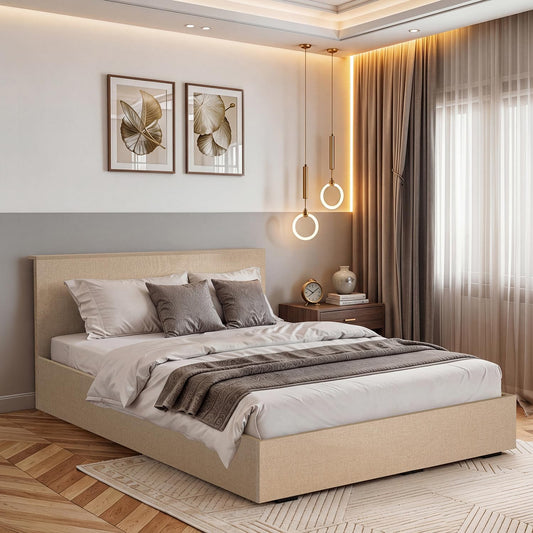 ABOUT SPACE Bed - (84 x 62 inches) Queen Size Bed with Storage Box & Headboard| Floor Standing Engineered Wooden Bed Frame, MDF Base Panel | 1-Year Warranty Cot for Bedroom - Satin Weave (Linen Beige)