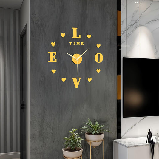 ABOUT SPACE Wall Clock - DIY Wall Sticker Clock Self Adhesive, Non-Ticking, Frameless, Acrylic Analog Watch Adjustable Size for Living Room, Bedroom, Office (Gold - Letters, Hearts)