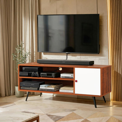ABOUT SPACE TV Unit - Engineered Wooden TV Stand Table with Cable Hole, Cabinet with Door, Adjustable Shelf for WiFi Router Stand for Living Room, Bedroom (White & Oak Red - L 120 x B 40.5 x H 55 cm)