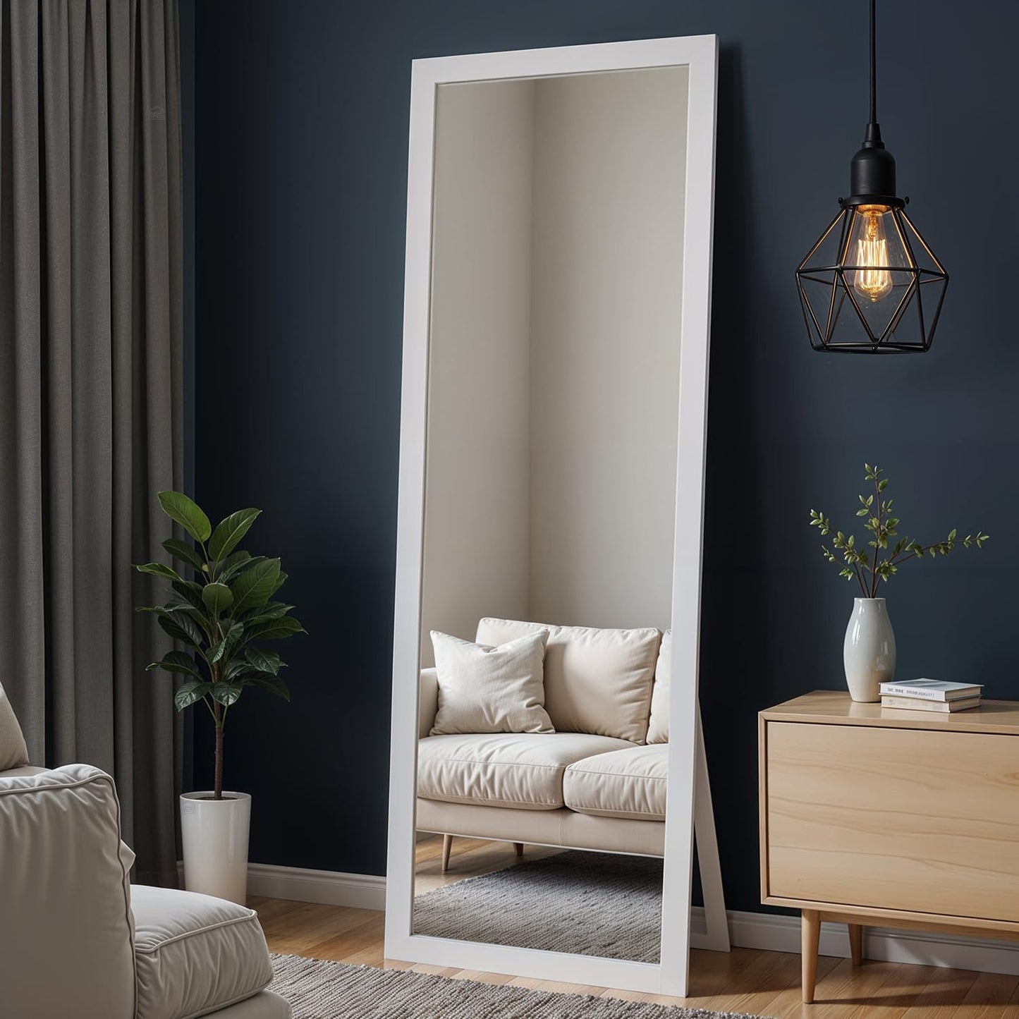 ABOUT SPACE Cheval Mirror for Wall - 5 Feet Unbreakable Mirror for Bedroom | Full Length Tempered Glass with Stand Sturdy MDF Frame Vertical Display for Living Room, Bedroom - White