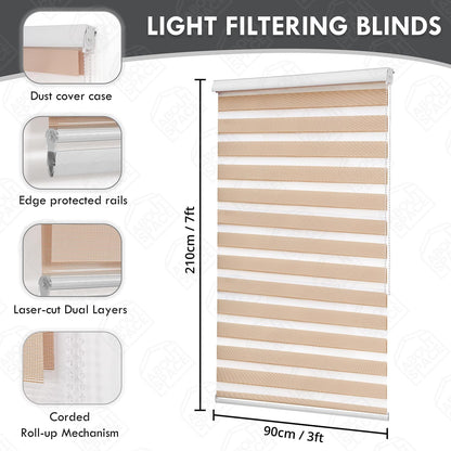 ABOUT SPACE Window Blinds - 3 x 7 ft Zebra Roller Blinds for Windows for Light Filtering, Privacy, UV Protection Corded Roll Up Curtain Window Shades for Home, Office, Living Room Kitchen