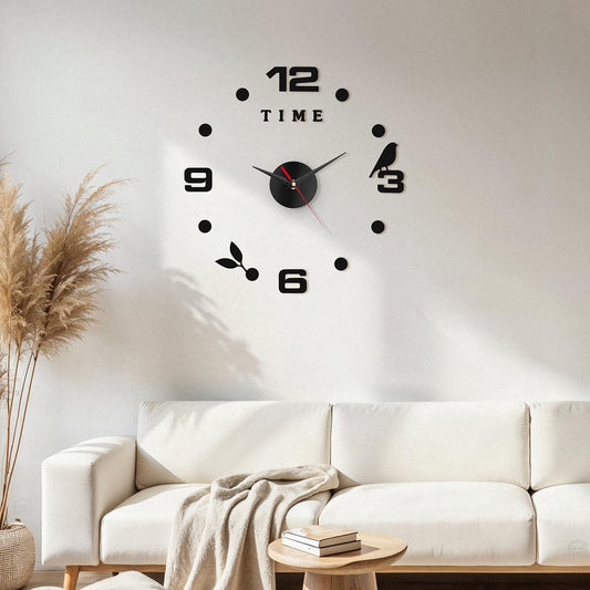 ABOUT SPACE Wall Clock - DIY Wall Sticker Clock Self Adhesive, Non-Ticking, Frameless, Acrylic Analog Watch Adjustable Size for Living Room, Bedroom, Office (Black - Numbers, Birds, Dots)