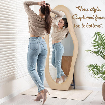 ABOUT SPACE Mirror Full Length - 5 Feet Asymmetrical Cheval Mirror for Wall with Stand & Hanging Holes, MDF Frame with Fabric Cover Vertical Display for Living Room, Bedroom (Cream)