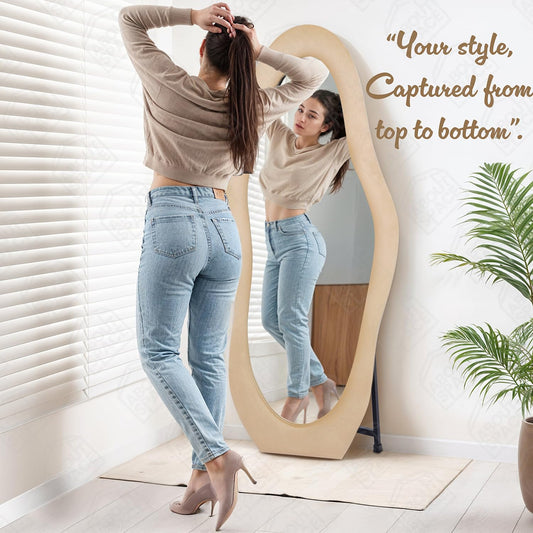 ABOUT SPACE Mirror Full Length - 5 Feet Asymmetrical Cheval Mirror for Wall with Stand & Hanging Holes, MDF Frame with Fabric Cover Vertical Display for Living Room, Bedroom (Cream)