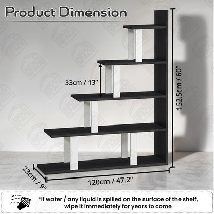 ABOUT SPACE Book Shelf - 5 Tier L-Shaped Unique Step Pattern Book Stand for Home Library, Office Engineered Wood Unit for Bedroom, Living Room (L 100 x B 25 x H 151.5 cm - White & Black Mahogany)