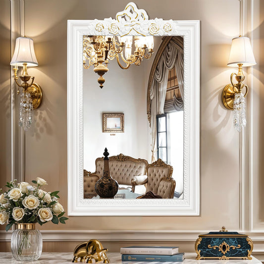 ABOUT SPACE Antique Wall Mirror - MDF Frame Mirror for Bathroom Wall with Ornate Design Rectangle Shape Vintage Wall Mount Decor for Bathroom, Bedroom, Vanity, Foyer (White, Gold - H 65 x W 40 cm)