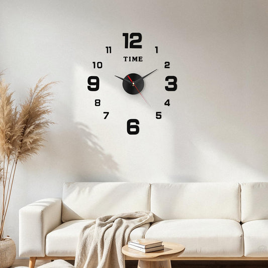 ABOUT SPACE Wall Clock - DIY Wall Sticker Clock Self Adhesive, Non-Ticking, Frameless, Acrylic Analog Watch Adjustable Size for Living Room, Bedroom, Office (Black - Numbers)