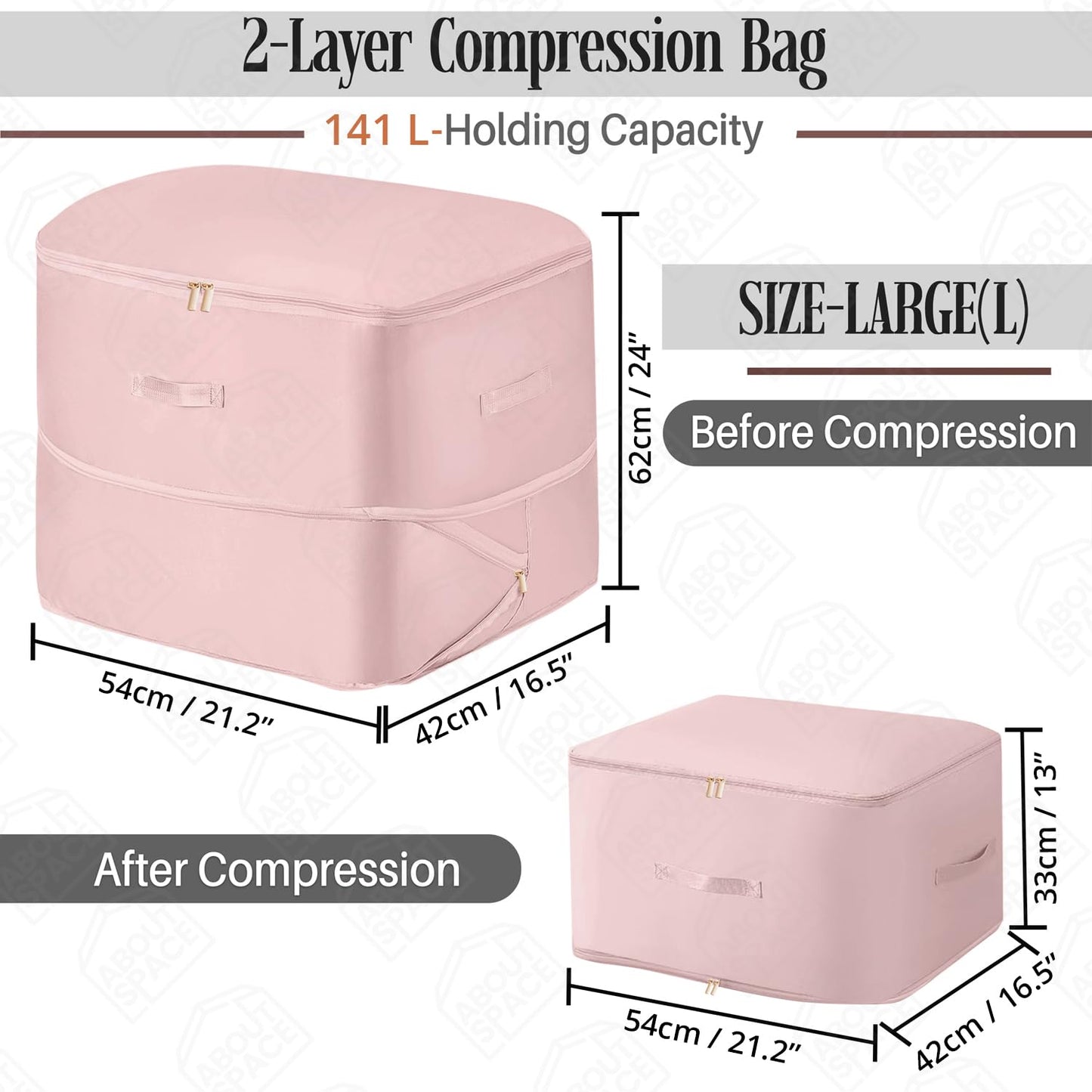 ABOUT SPACE Ultra Space Saving Self Compression Organizer - 141 L Vacuum Storage Bags - Packing Vaccine Bags for Clothes Airtight Reusable -Travel Essentials (Pink - Large - L 54 x B 42 x H 62 cm)