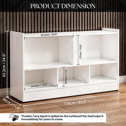 ABOUT SPACE Book Shelf - 5 Compartment Engineered Wood DIY Versatile Book Stand for Home Library, Office Modern Slim Open Display Rack for Bedroom, Living Room (White - L 110 x B 30.5 x H 62.5 cm)