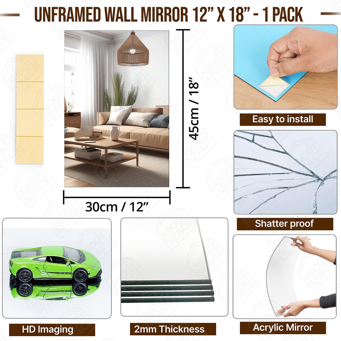 ABOUT SPACE 1 Pc Mirror for Wall 18 x 12 Inch Acrylic Wall Mirror with Double Tape Frameless Flexible Entryway Washbasin Bedroom Home Gym Bathroom Vanity Mirror (45 x 30 cm) Rectangle