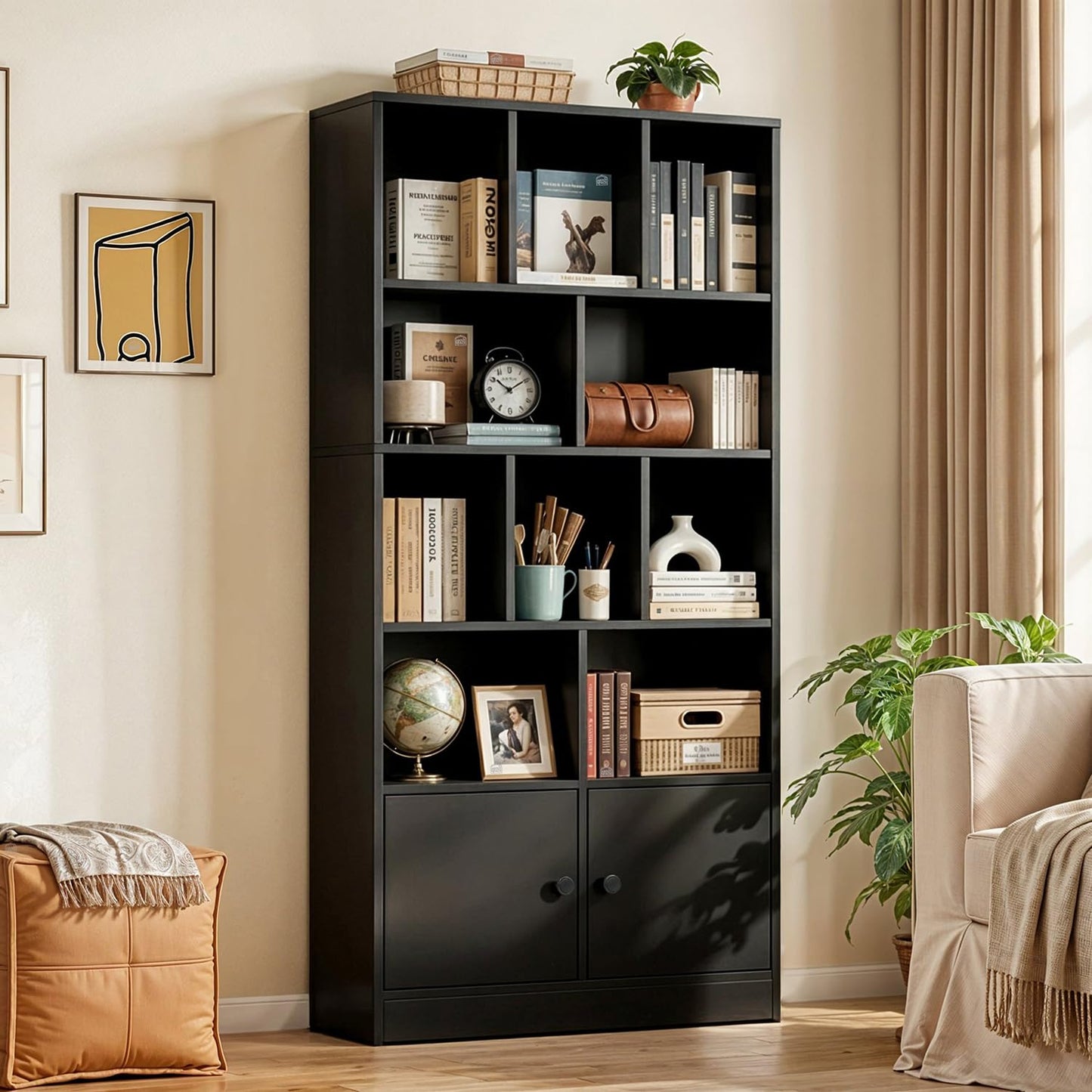 ABOUT SPACE Book Shelf for Home - 10 Shelves with Bottom Closed Compartment, Engineered Wood Book Rack for Study Room, Book Organizer Stand for Library, Living Room, (L 80 x B 30.5 x H 181.5cm -Black)