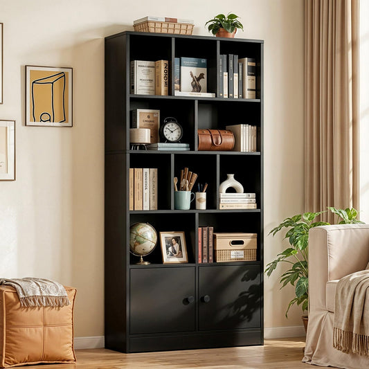 ABOUT SPACE Book Shelf for Home - 10 Shelves with Bottom Closed Compartment, Engineered Wood Book Rack for Study Room, Book Organizer Stand for Library, Living Room, (L 80 x B 30.5 x H 181.5cm -Black)
