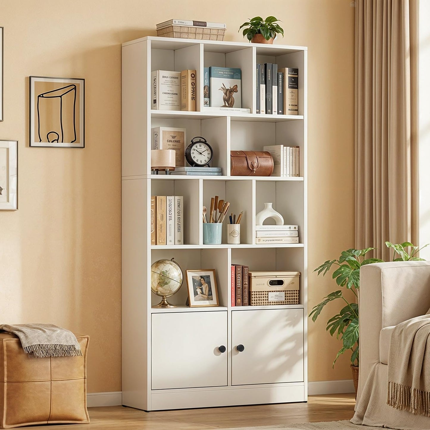 ABOUT SPACE Book Shelf for Home - 10 Shelves with Bottom Closed Compartment, Engineered Wood Book Rack for Study Room, Book Organizer Stand for Library, Living Room, (L 80 x B 30.5 x H 181.5cm -White)