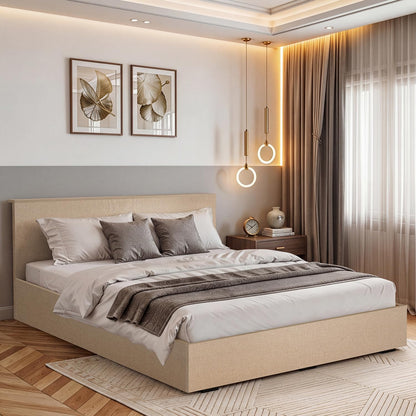ABOUT SPACE Bed - (84 x 74 inches) King Size Bed with Storage Box & Headboard| Floor Standing Engineered Wooden Bed Frame, MDF Base Panel | 1-Year Warranty Cot for Bedroom - Satin Weave (Linen Beige)