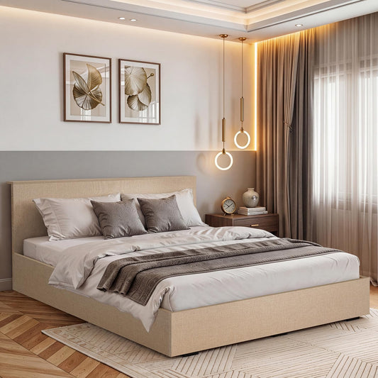 ABOUT SPACE Bed - (84 x 74 inches) King Size Bed with Storage Box & Headboard| Floor Standing Engineered Wooden Bed Frame, MDF Base Panel | 1-Year Warranty Cot for Bedroom - Satin Weave (Linen Beige)