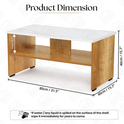 ABOUT SPACE Coffee Table - Center Table for Living Room with 2 Open Compartments, Engineered Wood Tea Table with Storage Teapoy Table for Living Room (CM Oak & White Marble - L 90 x B 40 x H 40 cm)