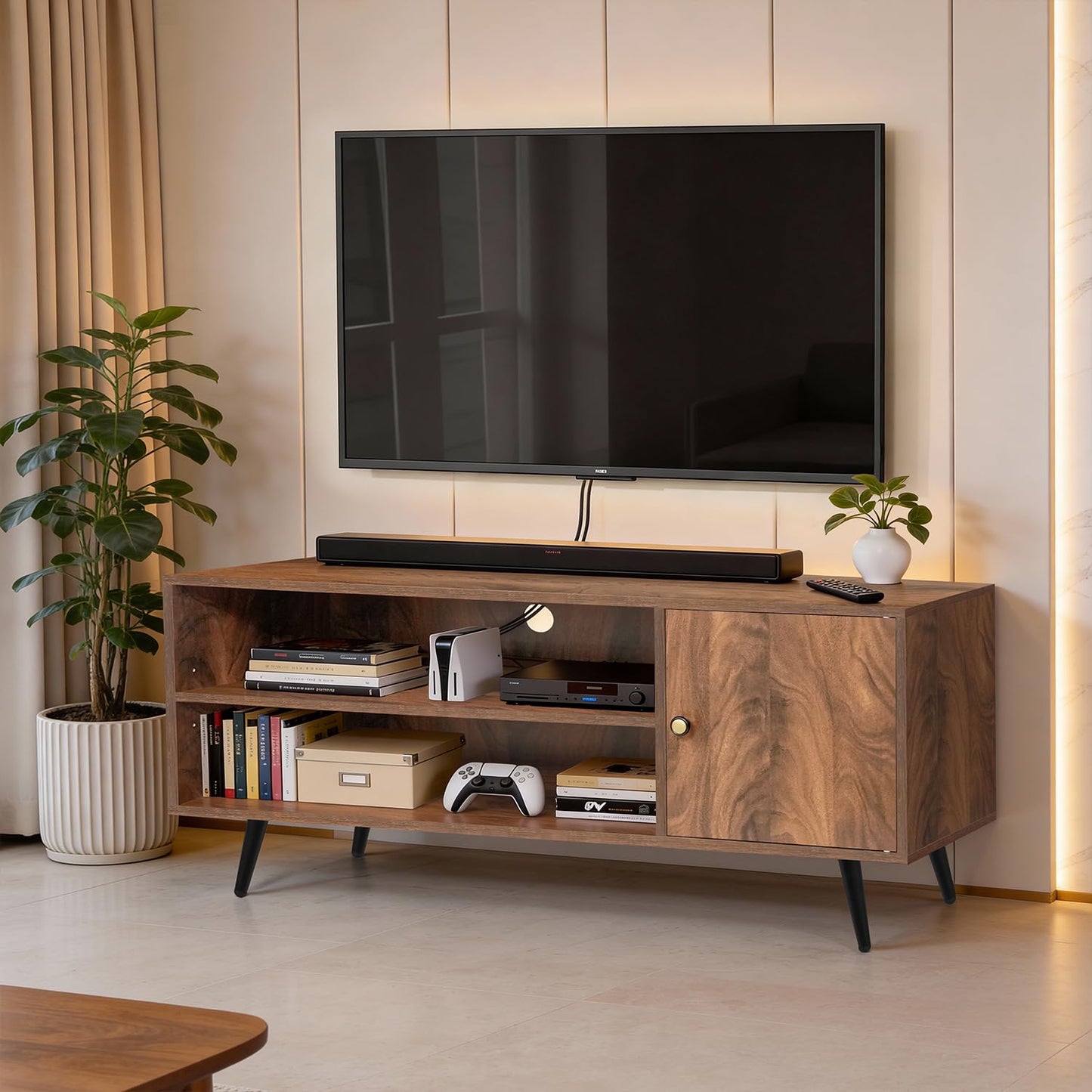 ABOUT SPACE TV Unit - Engineered Wooden TV Stand Table with Cable Hole, Cabinet with Door, Adjustable Shelf for WiFi Router Stand for Living Room, Bedroom (Walnut- L 120 x B 40.5 x H 55 cm)