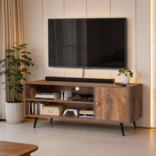 ABOUT SPACE TV Unit - Engineered Wooden TV Stand Table with Cable Hole, Cabinet with Door, Adjustable Shelf for WiFi Router Stand for Living Room, Bedroom (Walnut- L 120 x B 40.5 x H 55 cm)
