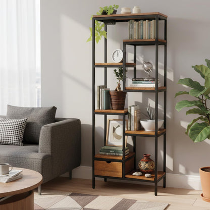 ABOUT SPACE Book Shelf for Home - 7 Shelves,1 Bottom Drawer, Modern 19mm Metal Frame|Engineered Wood Book Rack for Study Room, Book Organizer Stand for Library, Bedroom (L 58 x B 30 x H 158cm -Teak)