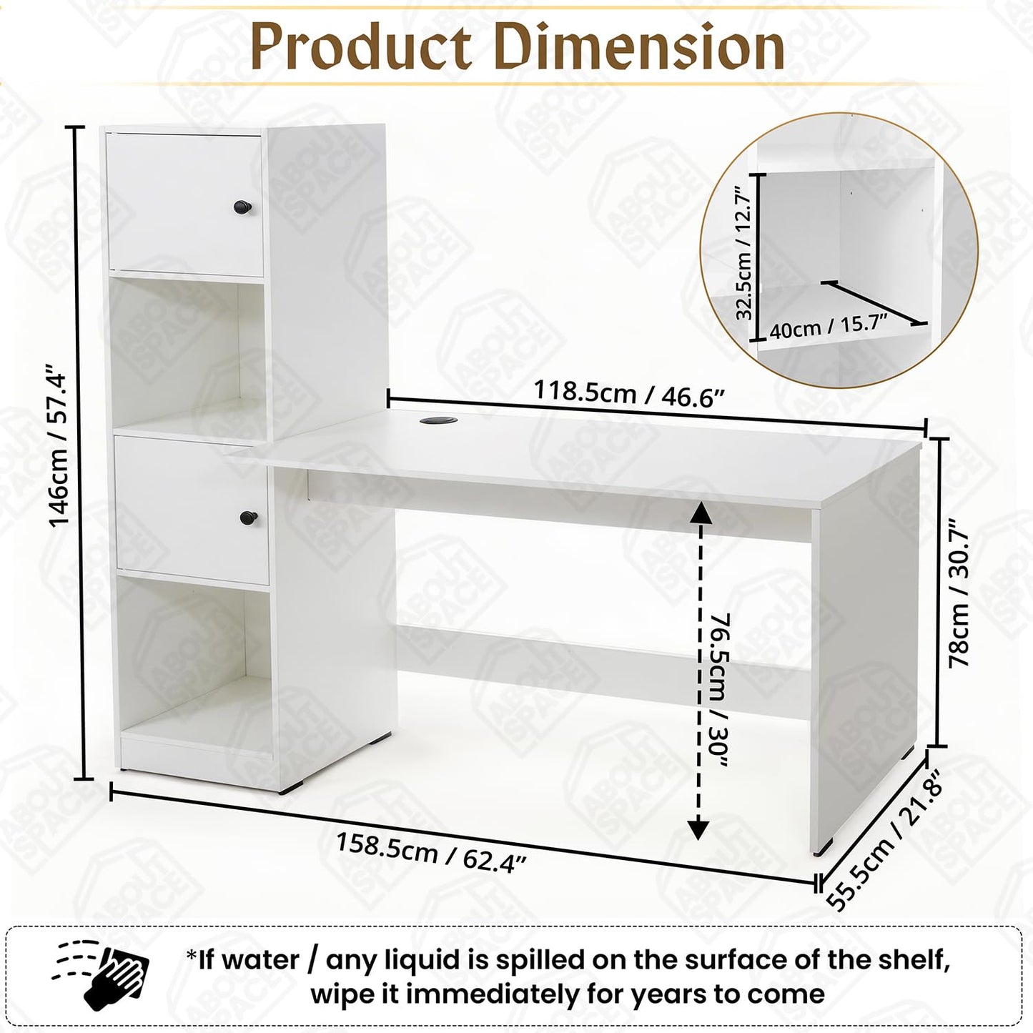 ABOUT SPACE Study Table with Cabinet - Computer Table with 2 Open, 2 Closed Storage Space DIY Engineered Wood Office Desk for PC Laptop Gaming (White - L 158.5 x B 56 x H 146.5cm)