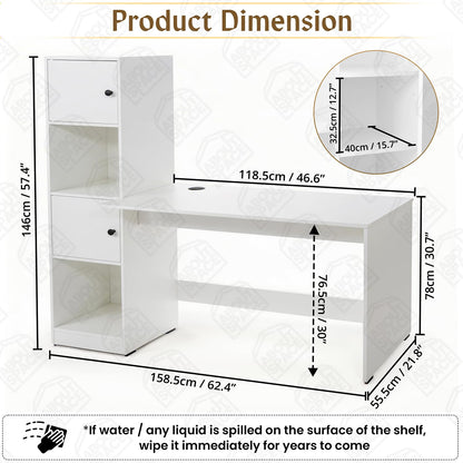 ABOUT SPACE Study Table with Cabinet - Computer Table with 2 Open, 2 Closed Storage Space DIY Engineered Wood Office Desk for PC Laptop Gaming (White - L 158.5 x B 56 x H 146.5cm)