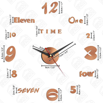 ABOUT SPACE Wall Clock - DIY Wall Sticker Clock Self Adhesive, Non-Ticking, Frameless, Acrylic Analog Watch Adjustable Size for Living Room, Bedroom, Office (Brown - Numbers, Words)