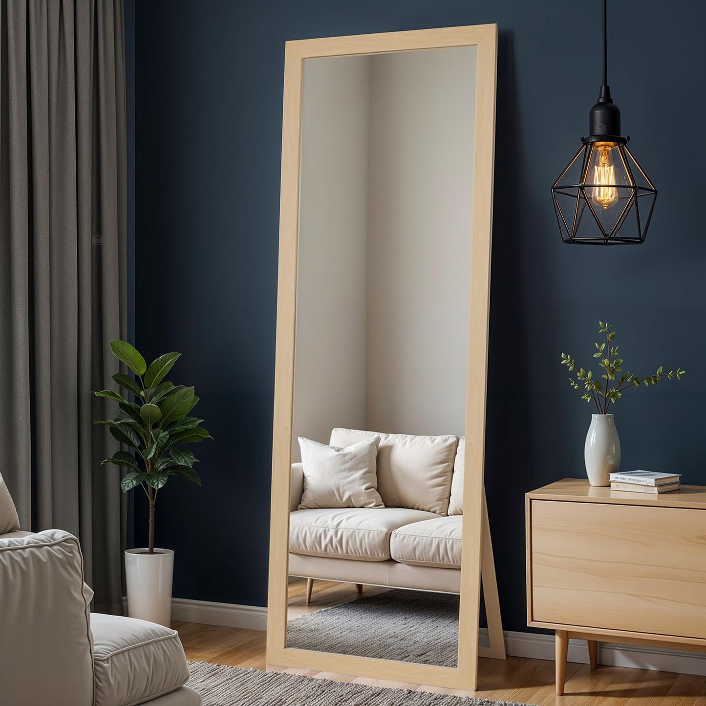 ABOUT SPACE Cheval Mirror for Wall - 5 Feet Unbreakable Mirror for Bedroom | Full Length Tempered Glass with Stand Sturdy MDF Frame Vertical Display for Living Room, Bedroom - Natural