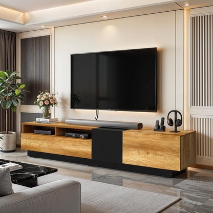 ABOUT SPACE TV Unit - Engineered Wooden TV Stand Table Cabinet with Drop Down Doors & 2 tier closed Compartment Cable Hole for WiFi Router Stand for Living Room (CM Oak& Black- L180 x B40.5 x H43.5cm)