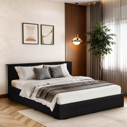 ABOUT SPACE Bed - (84 x 74 inches) King Size Bed with Storage Box & Headboard| Floor Standing Engineered Wooden Bed Frame, MDF Base Panel | 1-Year Warranty Cot for Bedroom - Smoked Pine