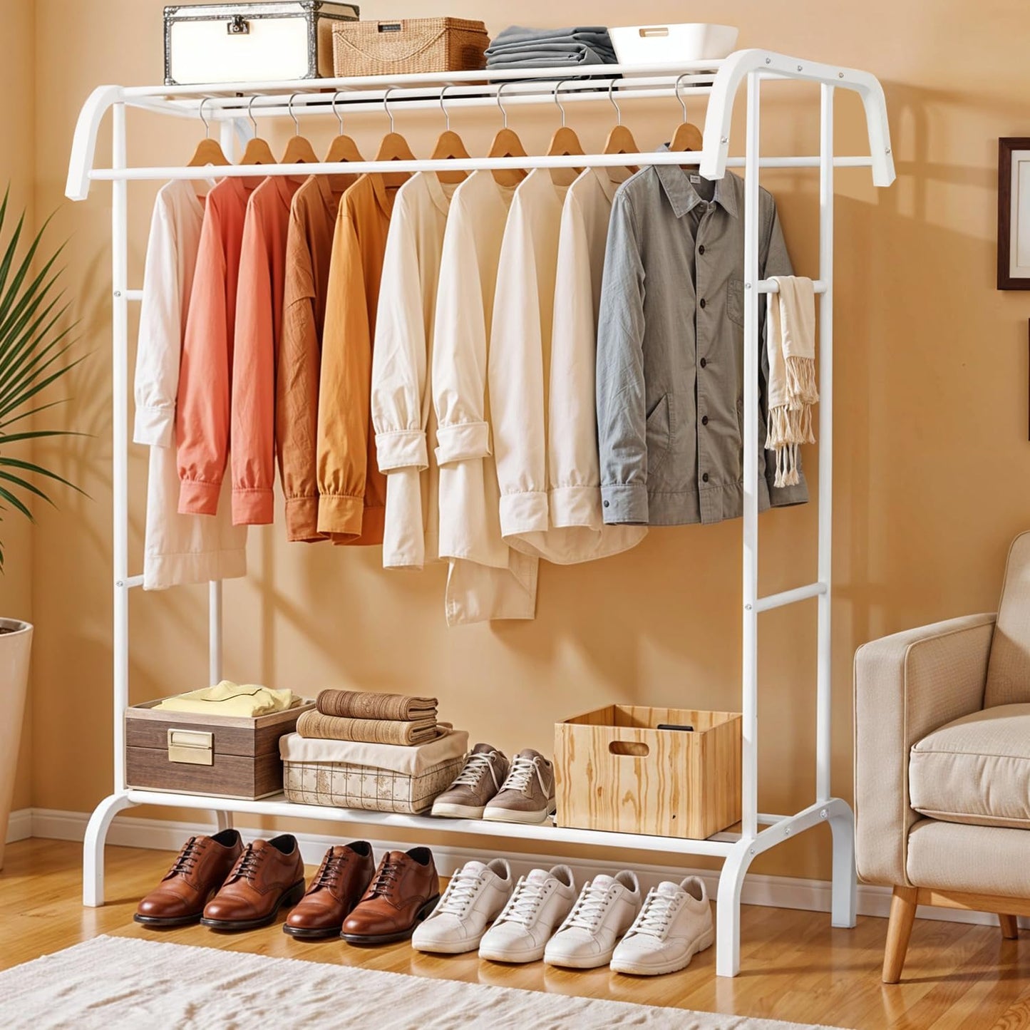 ABOUT SPACE Double Pole Double Bars Cloth Stand - Freestanding Metal Garment Rack with Sturdy Top & Bottom Storage for Shirt Blazer Kurti for Home Bedroom Living Room (White L108.5 x B 54 x H 147.5cm)