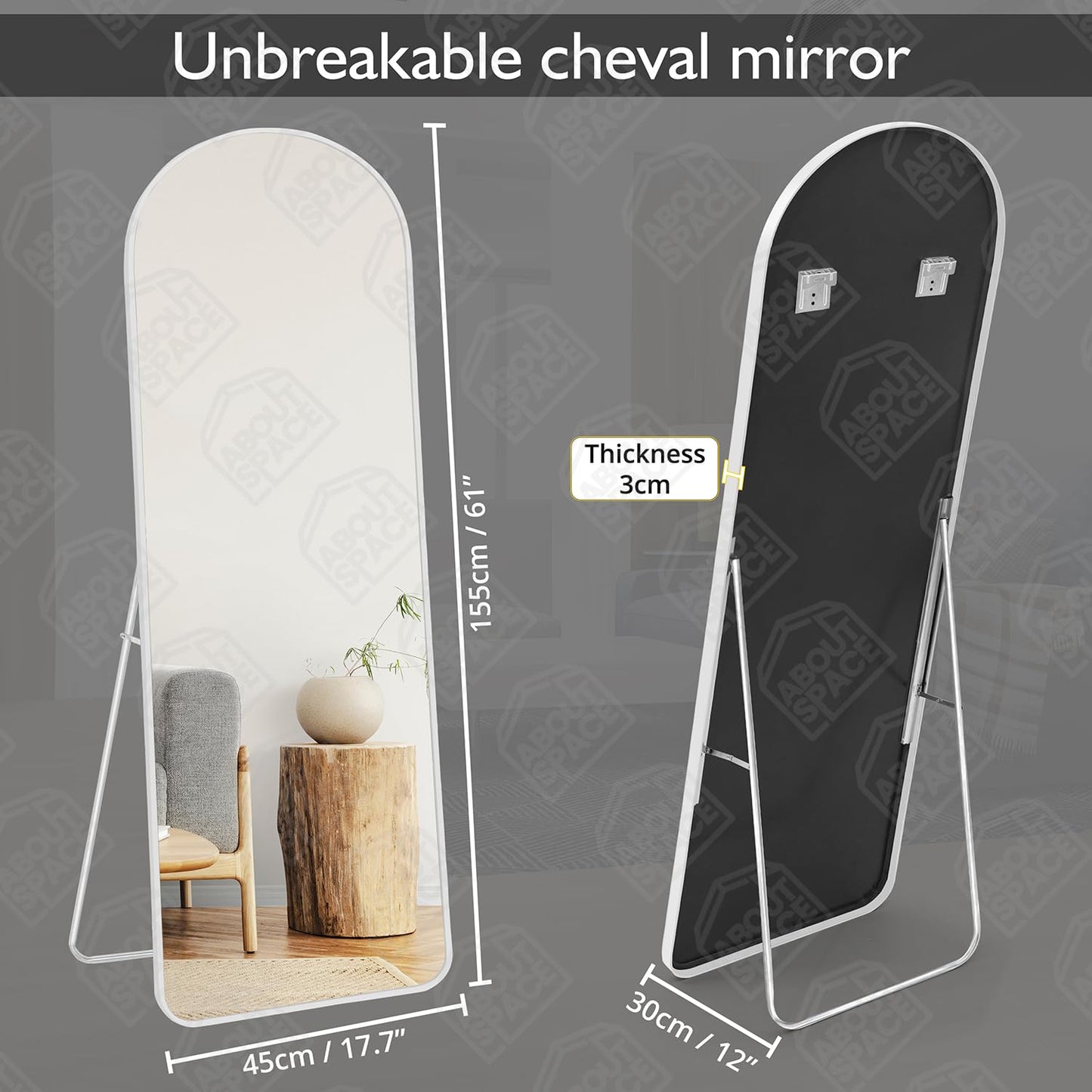 ABOUT SPACE Cheval Mirror for Wall - 5 Feet Unbreakable Arch Mirror for Bedroom | Full Length Tempered Glass with Stand, Frame Aluminium Alloy Vertical Hanging Display for Living Room, Bedroom - White