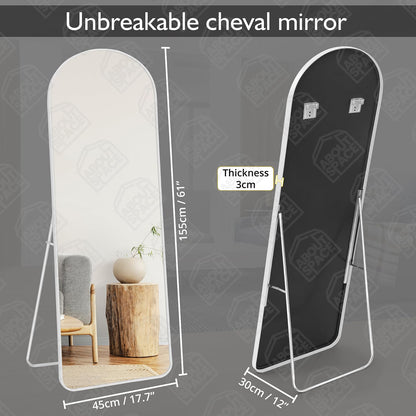 ABOUT SPACE Cheval Mirror for Wall - 5 Feet Unbreakable Arch Mirror for Bedroom | Full Length Tempered Glass with Stand, Frame Aluminium Alloy Vertical Hanging Display for Living Room, Bedroom - White