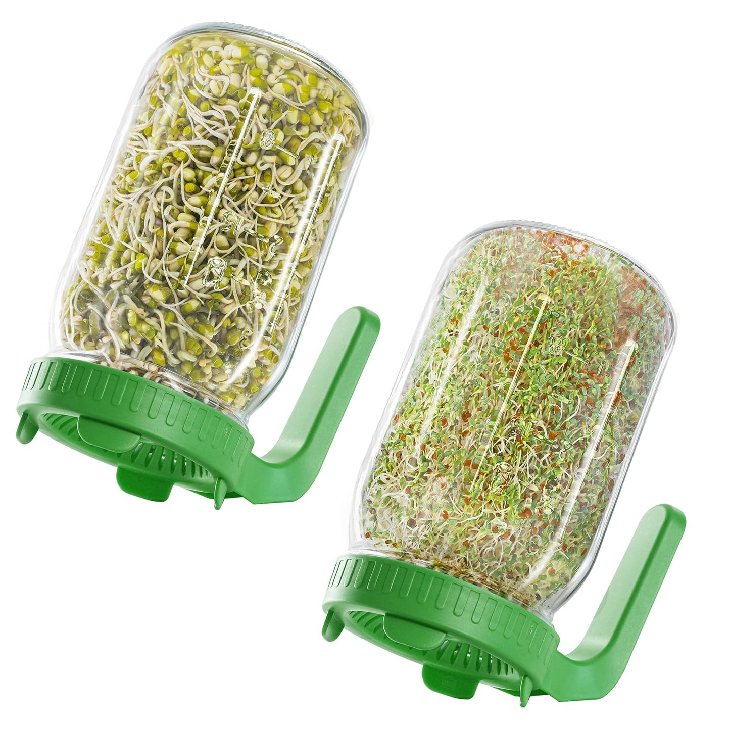 ABOUT SPACE Sprout Maker 2 Pack - 800ml Glass Jar with Air Ventilation Mesh Lid, Drain Holes & Measurement - Sprouts Container for Fresh Hygienic Seeds & Beans - BPA-Free Sprouts Box for Diet- Green