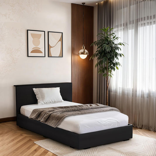 ABOUT SPACE Bed - (84 x 38 inches) Single Bed with Storage Box & Headboard| Floor Standing Engineered Wooden Bed Frame, MDF Base Panel | 1-Year Warranty Cot for Bedroom - Smoked Pine