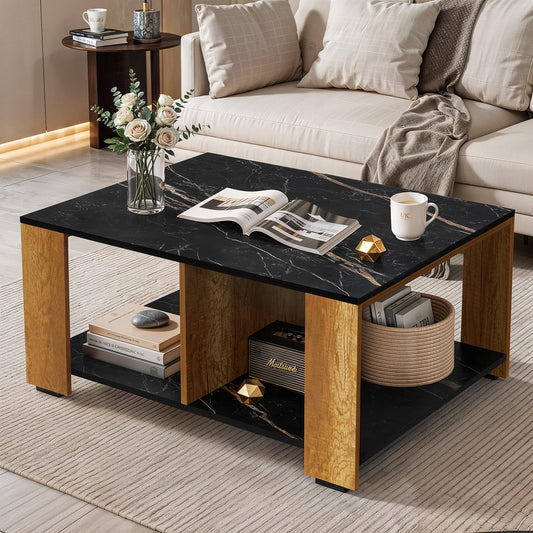 ABOUT SPACE Coffee Table - Center Table for Living Room with Partitioned Storage Engineered Wood Tea Table with Storage Teapoy Table for Living Room (CM Oak & Black Marble-L 80.5 x B 60 x H 44.5 cm)