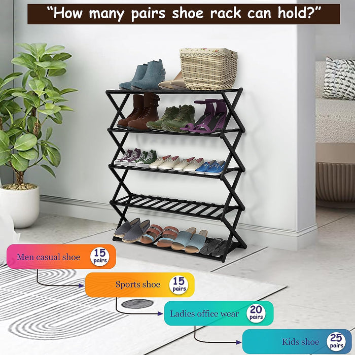 ABOUT SPACE 5 Tier Foldable Shoe Rack for Home - 3 Feet Multipurpose Bamboo Shoe Stand - Space Saving Collapsible Footwear Stand for Indoor & Outdoor - Shoe/Chappal Storage Rack Organizer (Black)