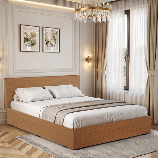 ABOUT SPACE Bed - (84 x 62 inches) Queen Size Bed with Storage Box & Headboard| Floor Standing Engineered Wooden Bed Frame, MDF Base Panel | 1-Year Warranty Cot for Bedroom - Golden Teak
