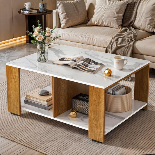 ABOUT SPACE Coffee Table - Center Table for Living Room with Partitioned Storage Engineered Wood Tea Table with Storage Teapoy Table for Living Room (CM Oak & White Marble-L 80.5 x B 60 x H 44.5 cm)