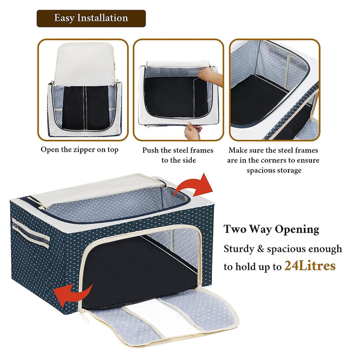 ABOUT SPACE 2 Pack Cloth Storage Box 24 Ltr - Oxford Fabric Clothes Foldable Organiser for Wardrobe with Clear Window - 2 Way Opening Closet Organizer with Handles - Saree Covers/Bags with Zip (Blue)