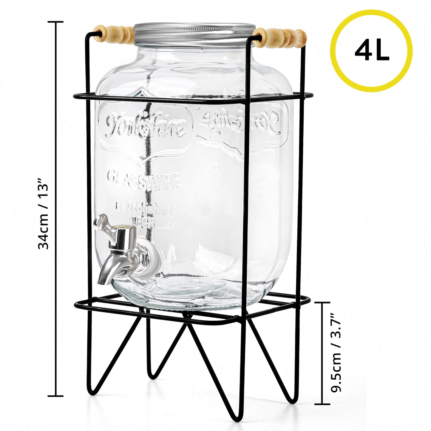 ABOUT SPACE 4 Litre Glass Water Dispenser with Stand - Air Tight Lid Glass Pitcher for Detox Water - Mason Jar - Counter Table Top Juice Infused Water Beer Dispenser for Home Restaurant Party